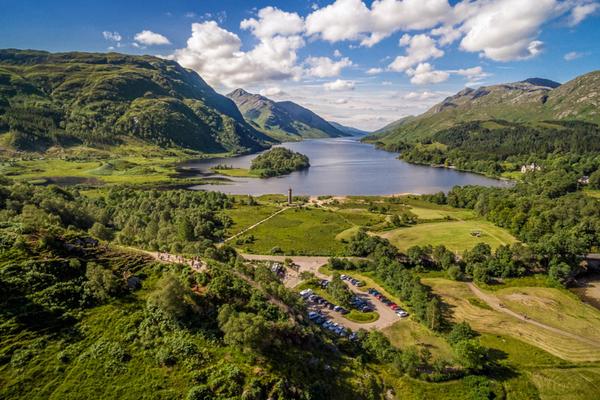 Looking down on the Glenfinnan Monument and Loch Shiel in the Highlands © Airborne Lens