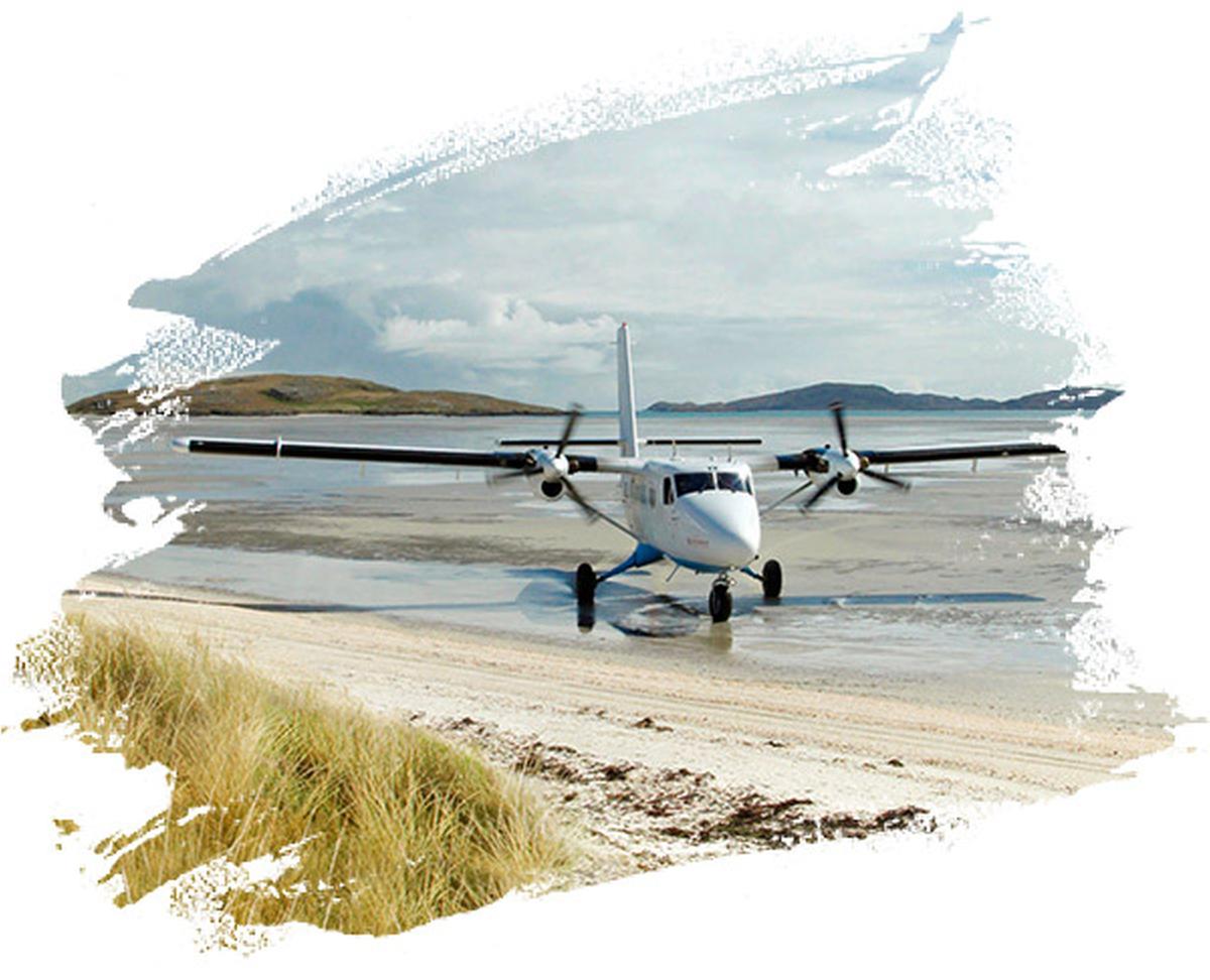 Een vliegtuig op het zand in Barra Airport aan Traigh Mhor Beach, Barra